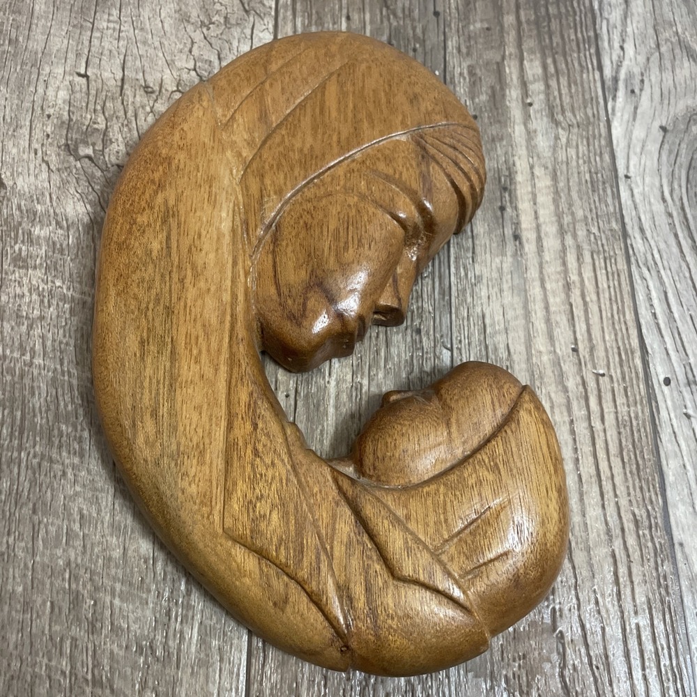 VTG Handcrafted Wooden Mother and‎ Child Sculpture Decor Signed by Artist 1980